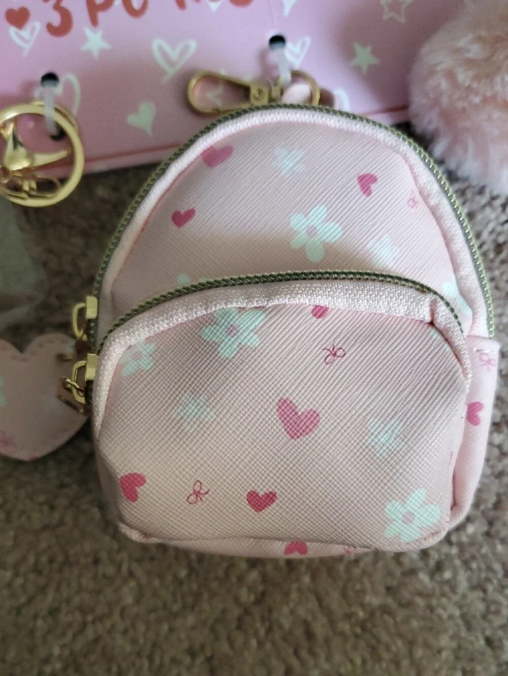 Under One Sky Pink 3-Piece Kids Keychain Set - Mini Backpack, Pom Pom & Charm